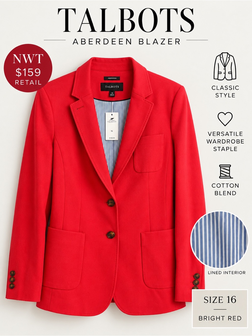 Talbots Aberdeen Blazer Size 16 Bright Red Cotton Blend NWT $159